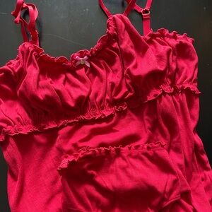 Adore Me crimson red knit slip with matching panty lounge set 3x